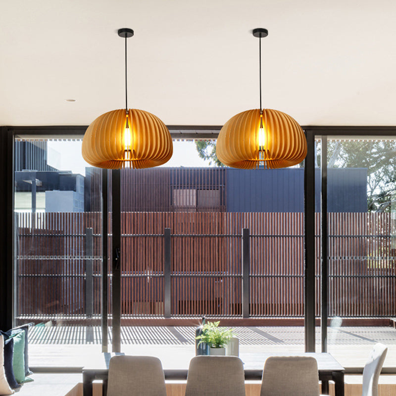 Wood Pumpkin Hanging Pendant Light Japanese Style Beige Pendant Lighting Fixture