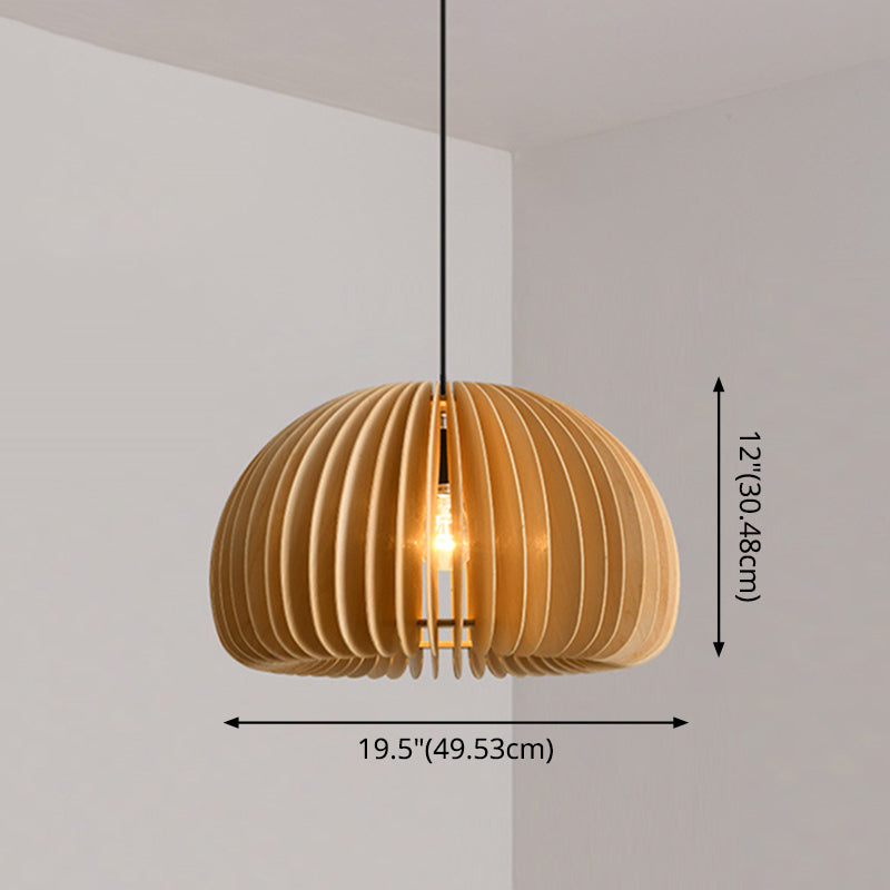 Wood Pumpkin Hanging Pendant Light Japanese Style Beige Pendant Lighting Fixture