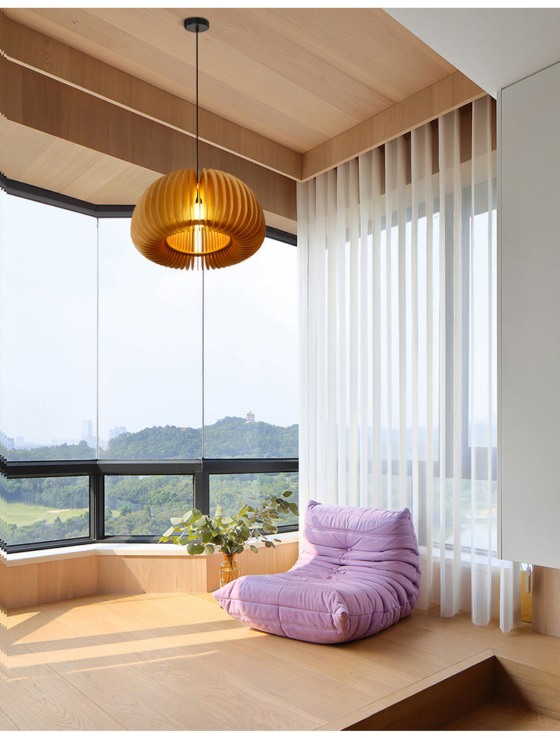 Wood Pumpkin Hanging Pendant Light Japanese Style Beige Pendant Lighting Fixture