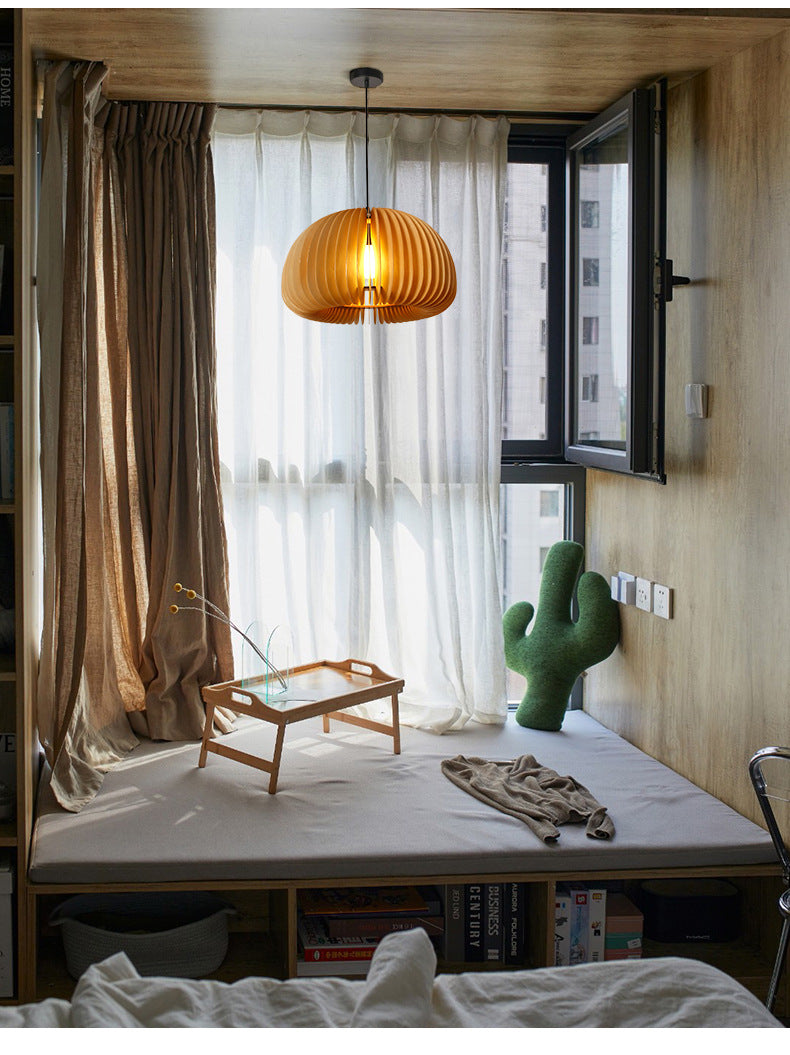 Wood Pumpkin Hanging Pendant Light Japanese Style Beige Pendant Lighting Fixture