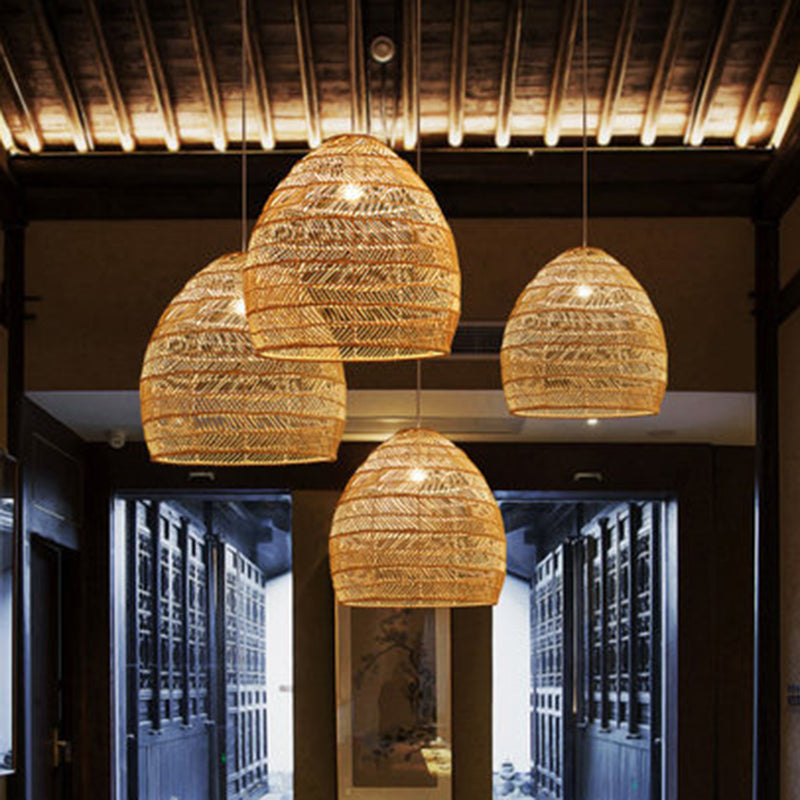 Bamboo Elongated Dome Pendant Lighting Fixture Asia Style Beige Hanging Light Fixture