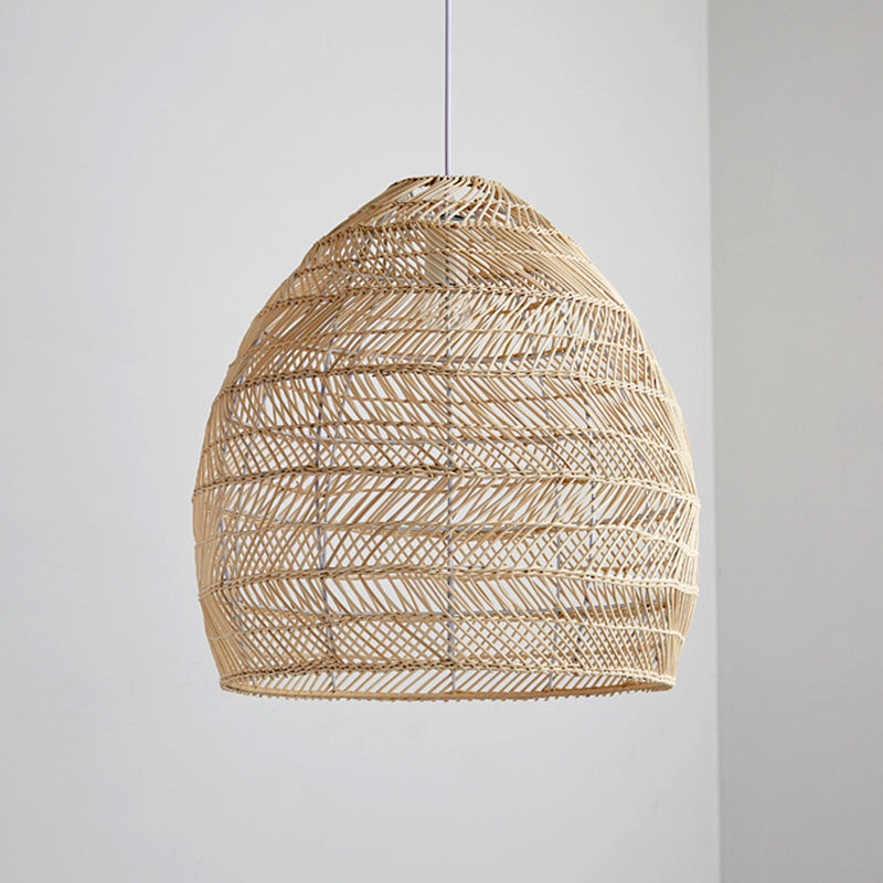 Bamboo Elongated Dome Pendant Lighting Fixture Asia Style Beige Hanging Light Fixture