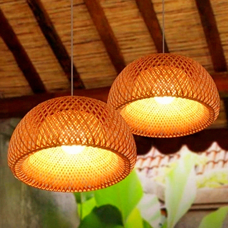 Bowl Bamboo Hanging Pendant Light Chinese Style Beige Pendant Ceiling Light for Restaurant