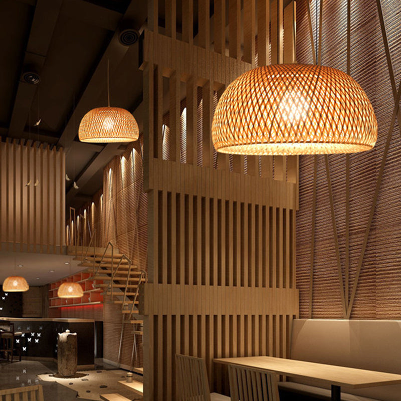 Bowl Bamboo Hanging Pendant Light Chinese Style Beige Pendant Ceiling Light for Restaurant