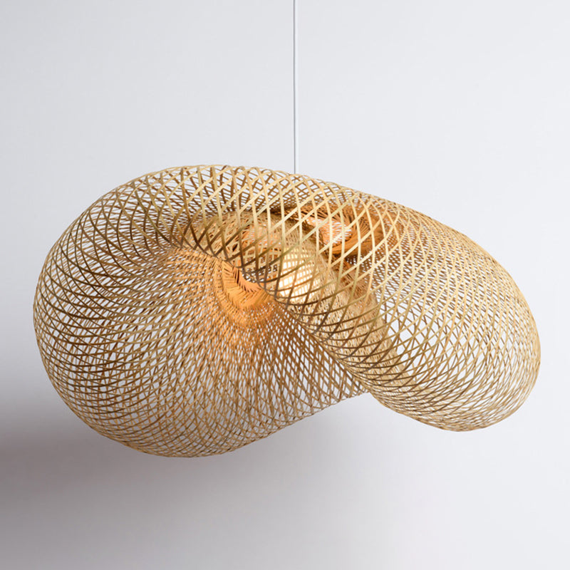 Hat Shape Dinning Room Pendant Lighting Fixture Bamboo Modern Hanging Lamp Kit in Beige