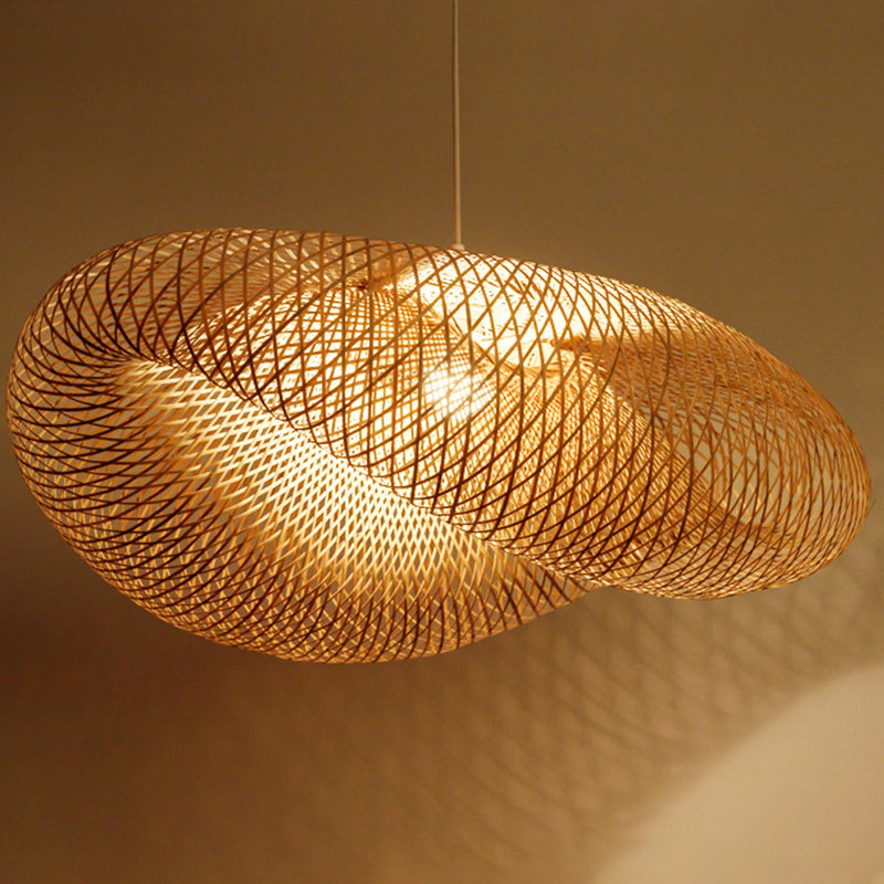 Hat Shape Dinning Room Pendant Lighting Fixture Bamboo Modern Hanging Lamp Kit in Beige