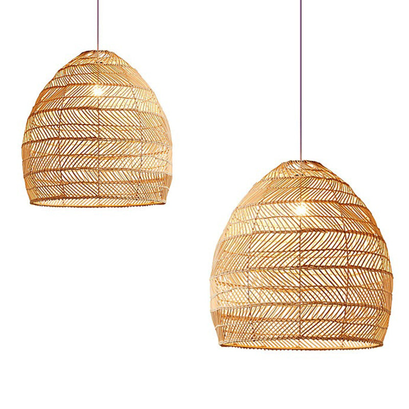 Living Room Pendant Lighting Chinese Beige Hanging Lamp with Elongated Dome Rattan Shade