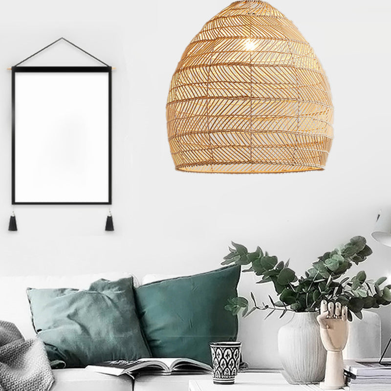 Living Room Pendant Lighting Chinese Beige Hanging Lamp with Elongated Dome Rattan Shade
