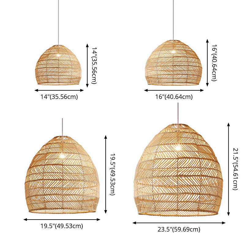 Living Room Pendant Lighting Chinese Beige Hanging Lamp with Elongated Dome Rattan Shade