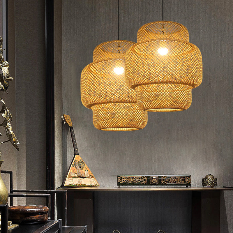 Bamboo Lantern Suspension Pendant Light Asia Style Beige Pendant Lighting Fixture