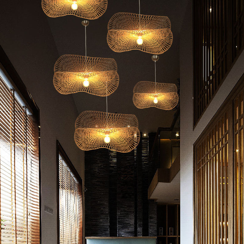 Asia Style Twist Pendant Lighting Fixture Bamboo Dinning Room Hanging Lamp in Beige