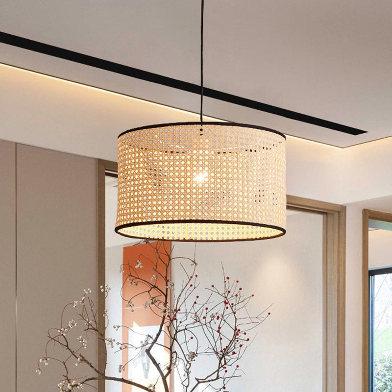 Bamboo Drum-Shaped Ceiling Pendant Lamp Modern Style Suspension Pendant Light in Beige