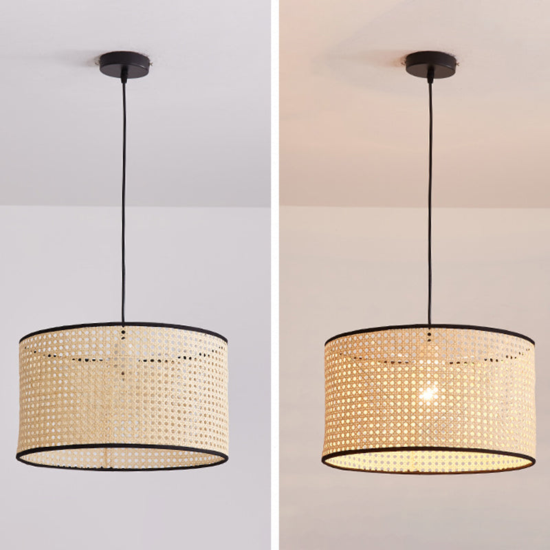 Bamboo Drum-Shaped Ceiling Pendant Lamp Modern Style Suspension Pendant Light in Beige