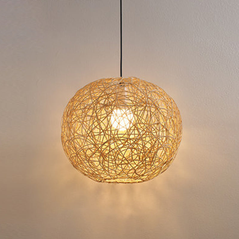 Restaurant Pendant Light Kit Asia Style Beige Hanging Ceiling Light with Globe Rattan Shade