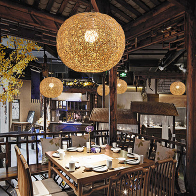 Restaurant Pendant Light Kit Asia Style Beige Hanging Ceiling Light with Globe Rattan Shade