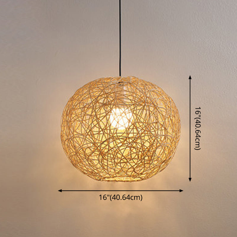 Restaurant Pendant Light Kit Asia Style Beige Hanging Ceiling Light with Globe Rattan Shade