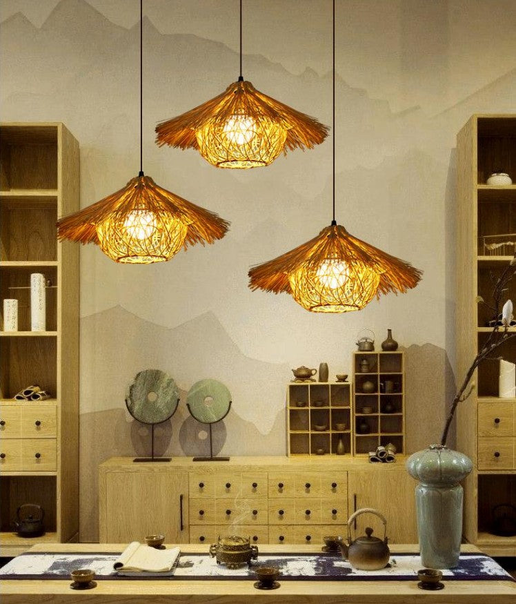 Contemporary Nest Pendant Lighting Fixture Rattan Restaurant Hanging Ceiling Light in Beige