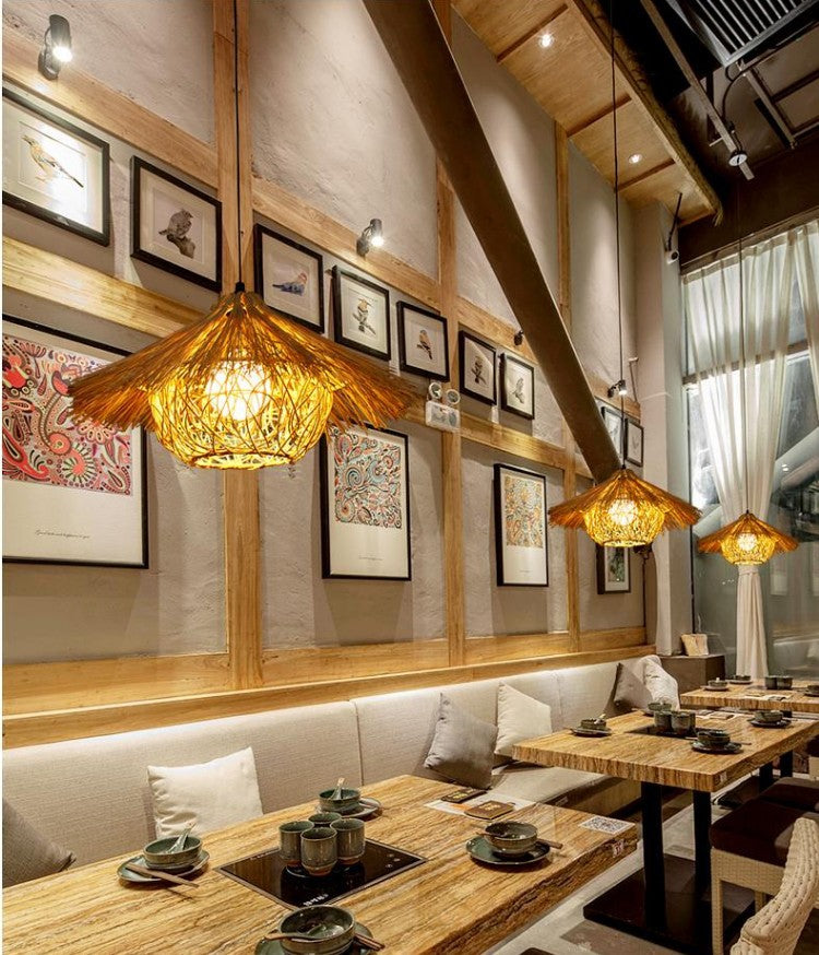Contemporary Nest Pendant Lighting Fixture Rattan Restaurant Hanging Ceiling Light in Beige