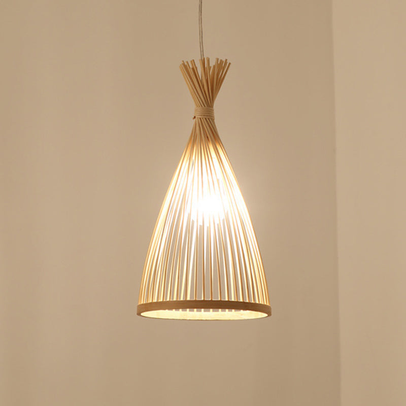 Conical Pendant Lighting Fixture Contemporary Style Bamboo Beige Hanging Ceiling Light