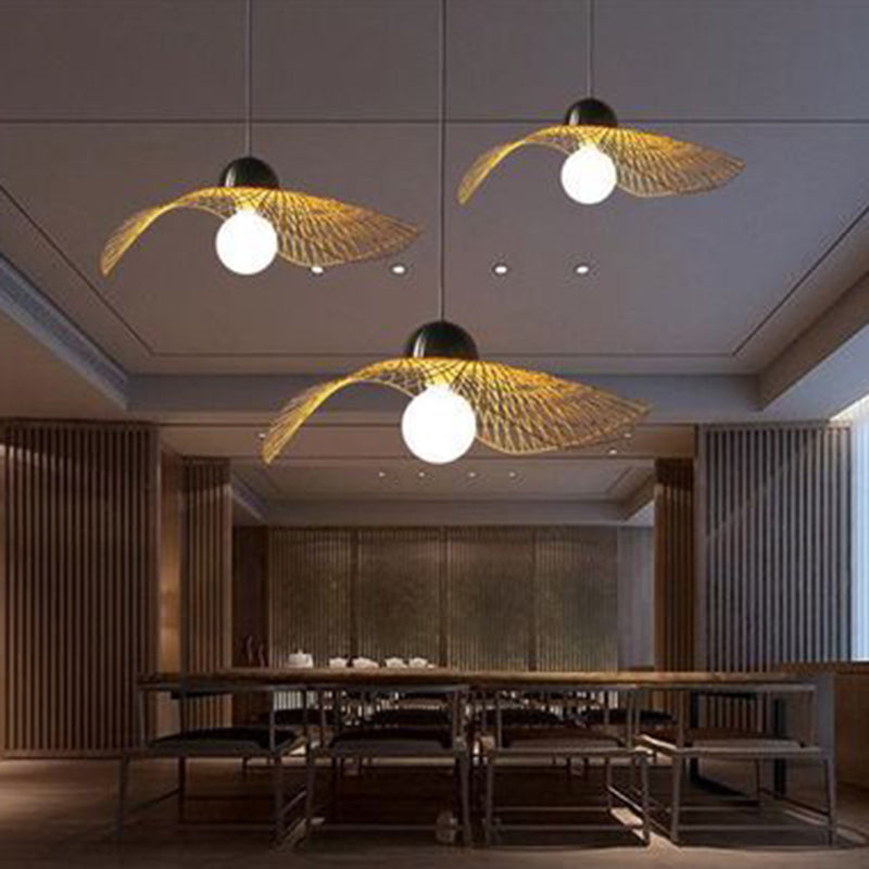 Bamboo Hat Hanging Light Fixture Asia Style Beige Suspension Pendant Light for Restaurant