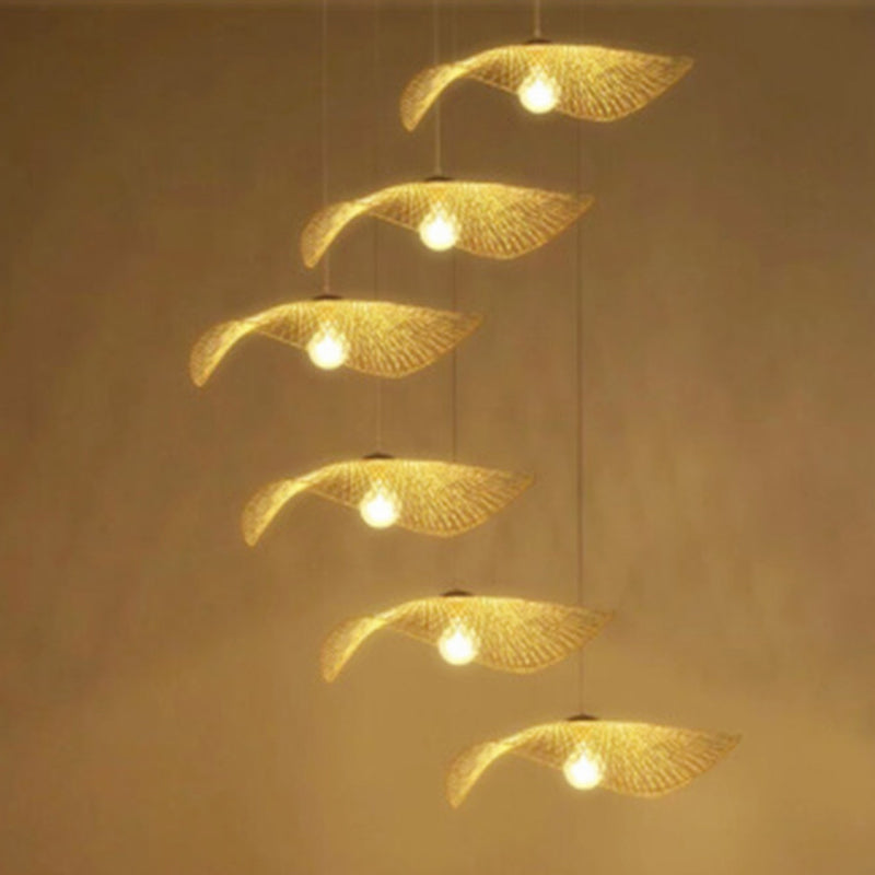 Bamboo Hat Hanging Light Fixture Asia Style Beige Suspension Pendant Light for Restaurant