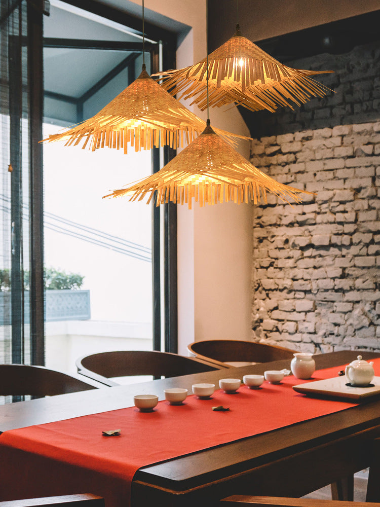 Hat Shape Suspension Pendant Light Bamboo Restaurant Pendant Ceiling Light in Beige