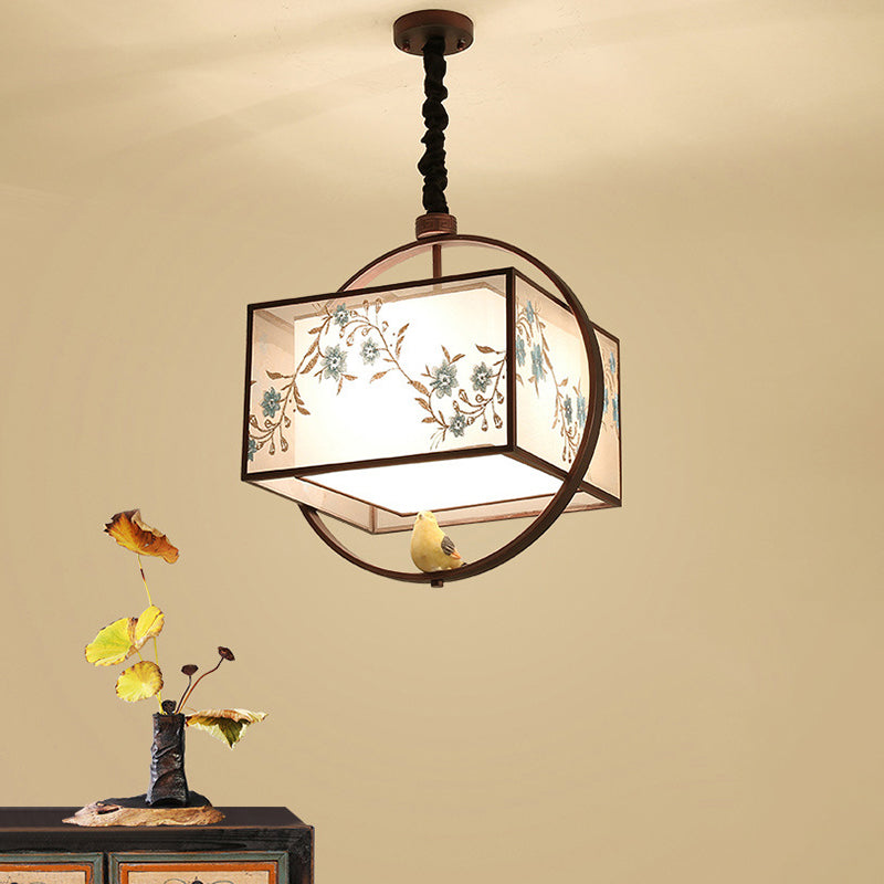 Square Fabric Suspension Pendant Light Chinese Style Black Hanging Ceiling Light