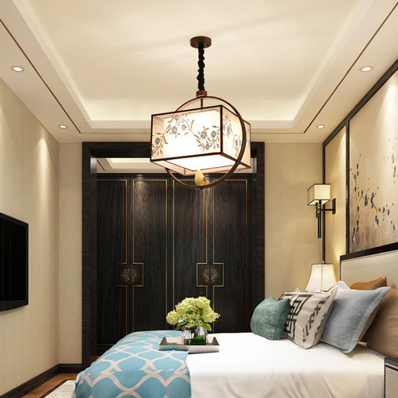 Square Fabric Suspension Pendant Light Chinese Style Black Hanging Ceiling Light