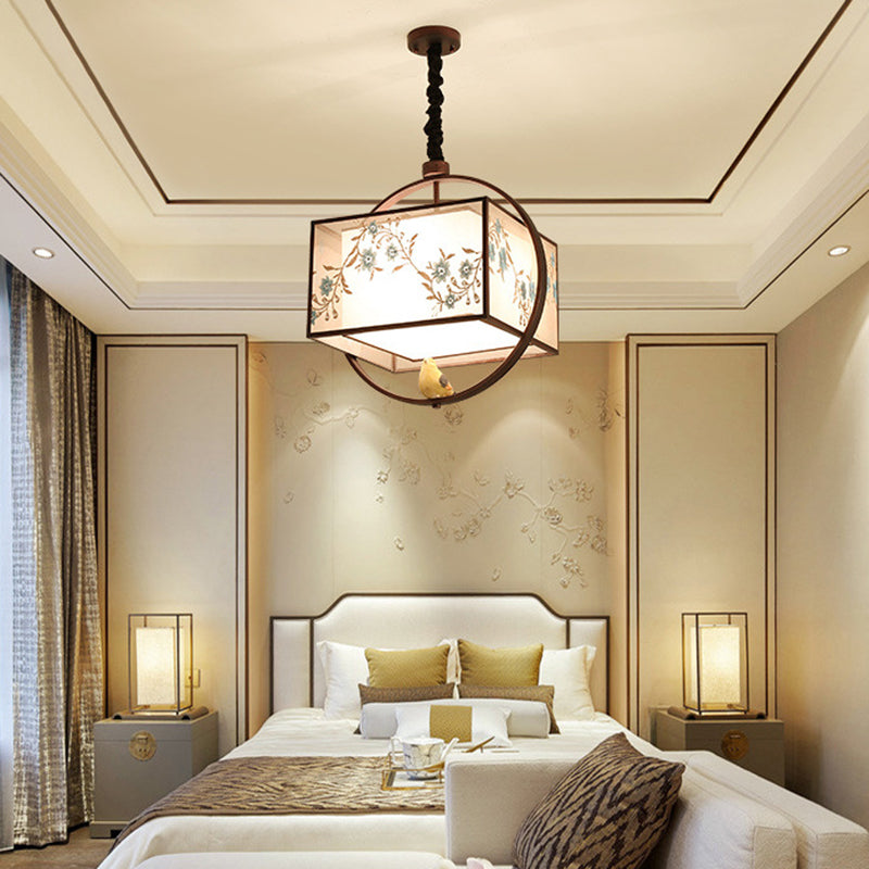 Square Fabric Suspension Pendant Light Chinese Style Black Hanging Ceiling Light