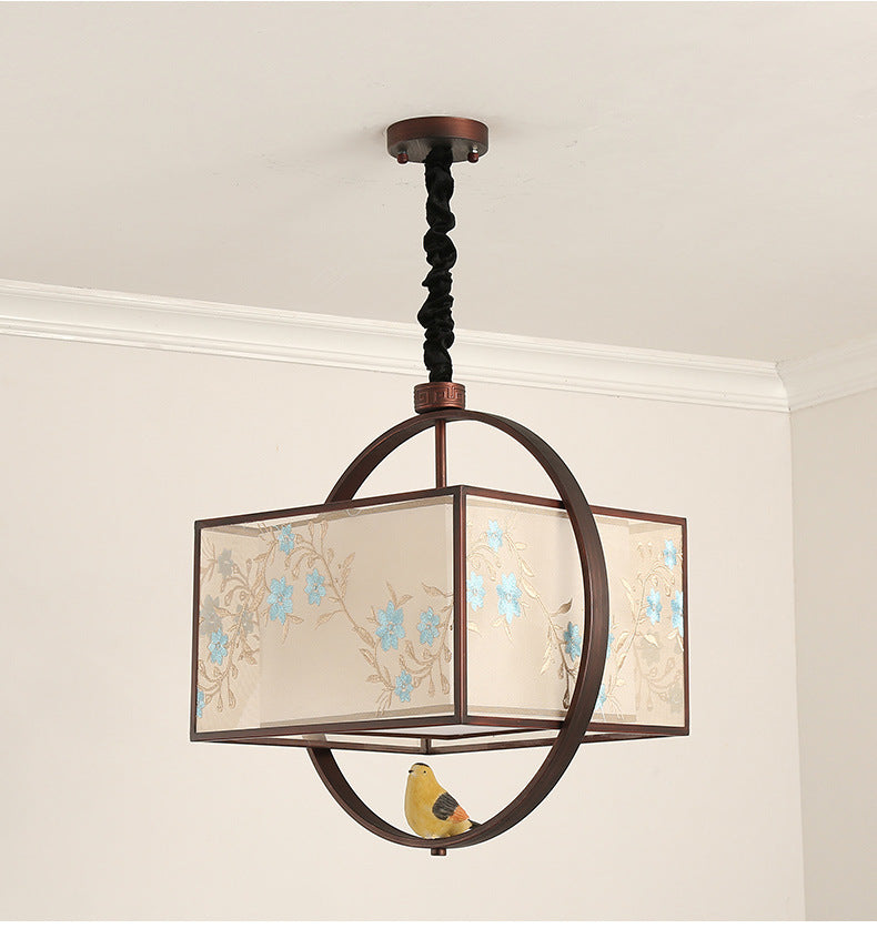 Square Fabric Suspension Pendant Light Chinese Style Black Hanging Ceiling Light