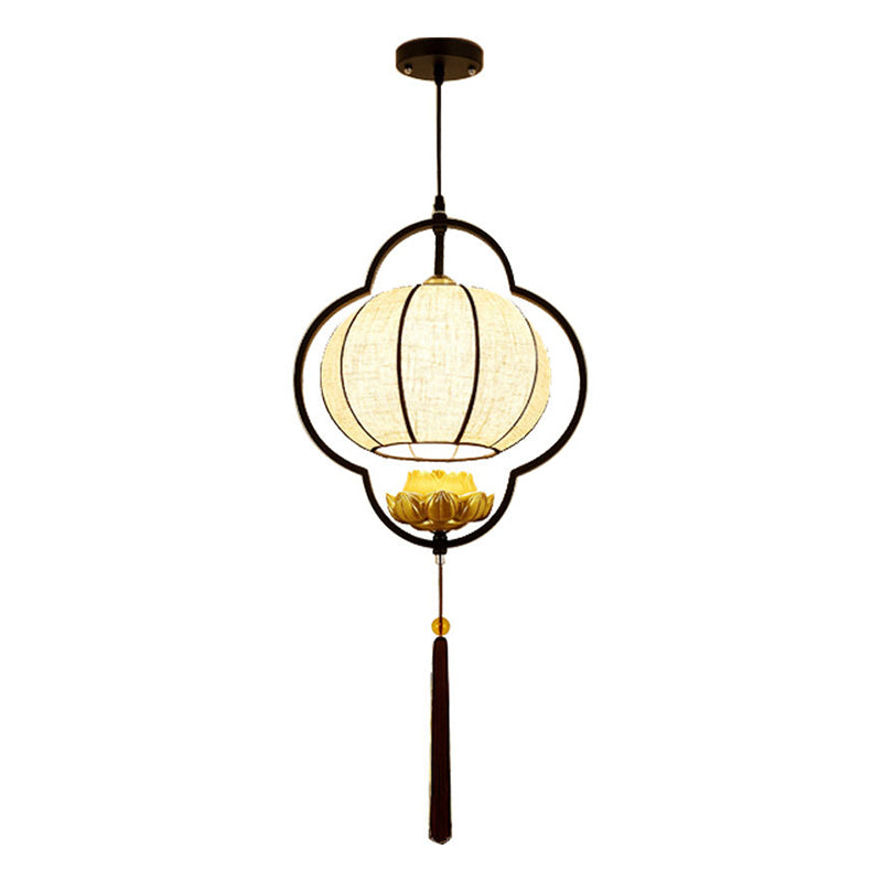 Living Room Ceiling Pendant Light Chinese Black Hanging Light Kit with Pumpkin Fabric Shade