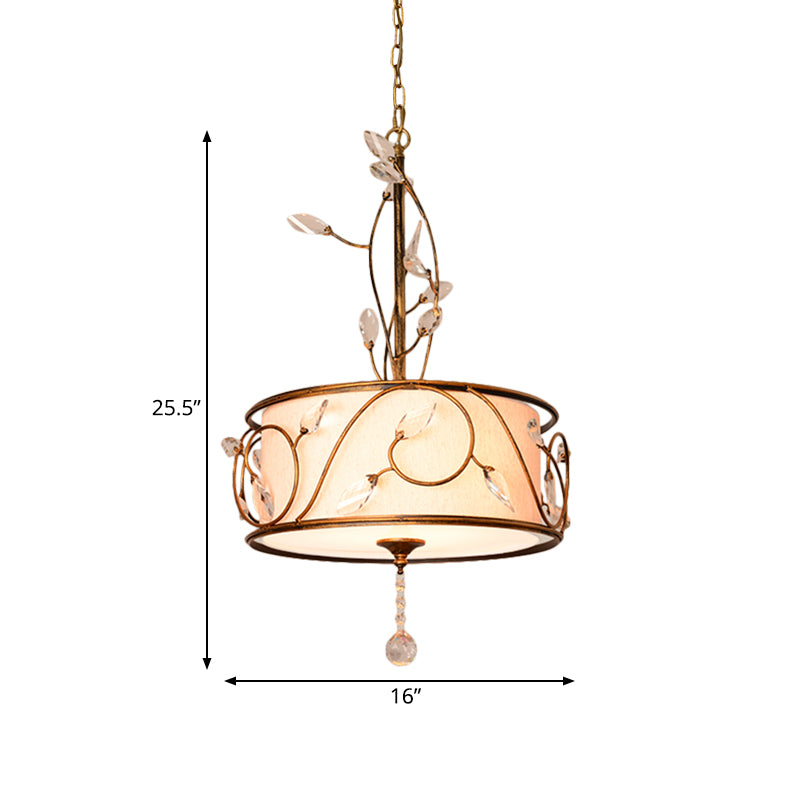 Iron Gold Ceiling Chandelier 16"/19.5" Dia 3-Light Round Antique Suspension Pendant with Crystal Accent and Fabric Shade