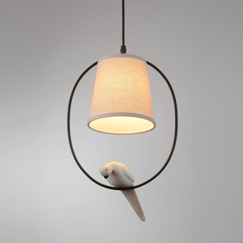 Flared Fabric Pendant Ceiling Light Rustic White Pendant Light Fixture with Bird Decor