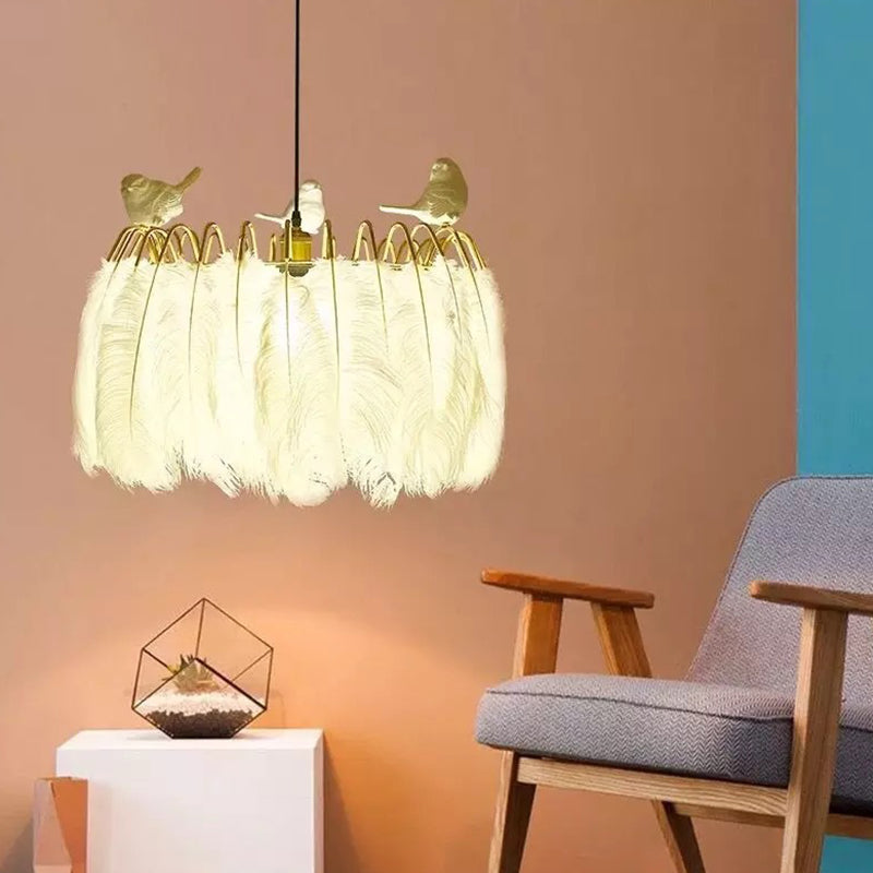 Drum Hanging Light Fixture Modern Feather Living Room Ceiling Pendant Lamp in White