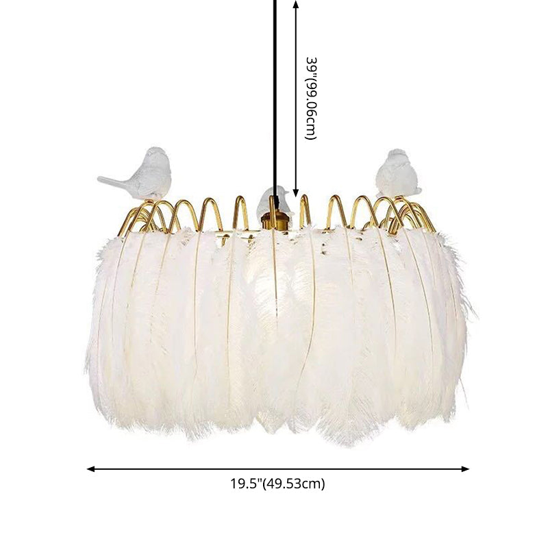 Drum Hanging Light Fixture Modern Feather Living Room Ceiling Pendant Lamp in White