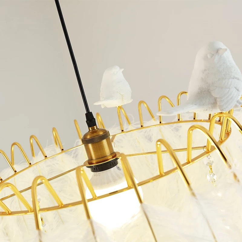 Drum Hanging Light Fixture Modern Feather Living Room Ceiling Pendant Lamp in White