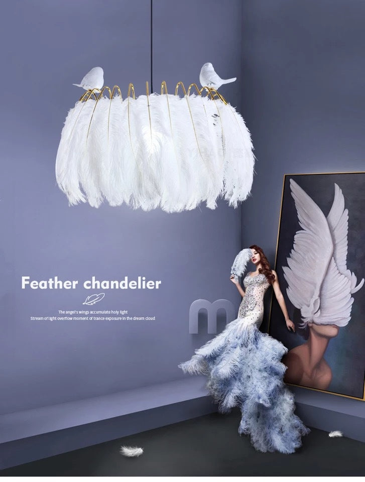 Drum Hanging Light Fixture Modern Feather Living Room Ceiling Pendant Lamp in White