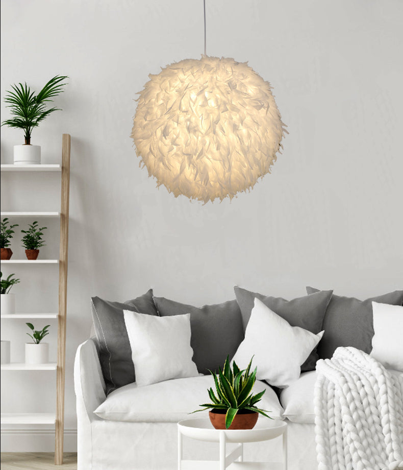 Modern Style Pendant Lighting Fixture White Globe Hanging Lamp with Feather Shade