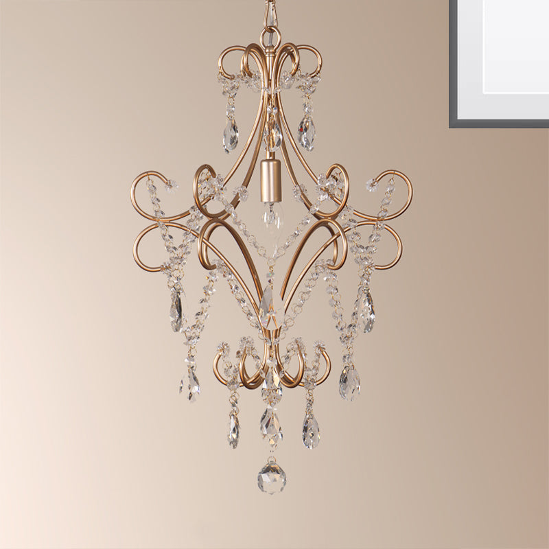 Lámpara de suspensión de techo armado con curvas de estilo francés 1 bulbo de metal colgante de techo colgante con cristal en oro