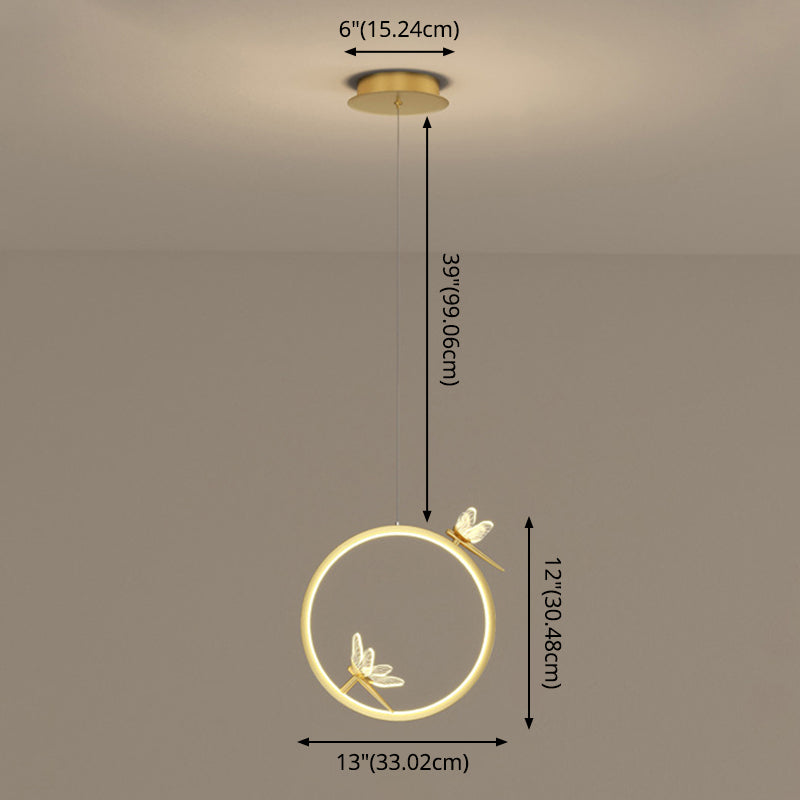 Metal Circle Hanging Pendant Light Modern LED Pendant Ceiling Light with Dragonfly Decor