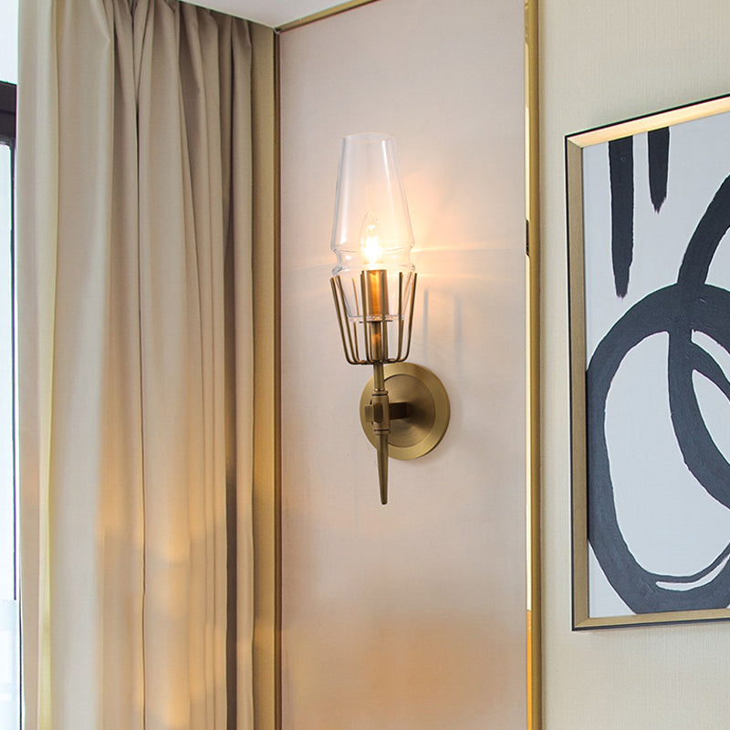 Clear Glass Brass Wall Sconce Cone 1/2-Light Colonialism Wall Light for Living Room
