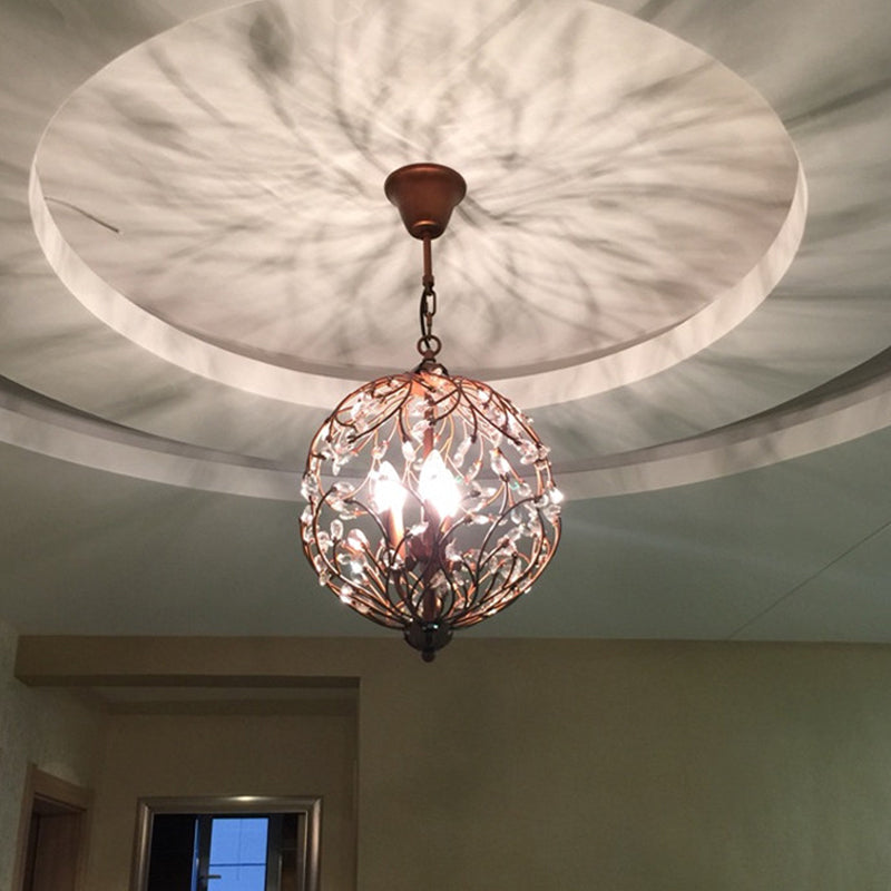 Lámpara de suspensión de hierro de hierro negro/bronce de 3 luces de esfera floral tradicional con acento de cristal