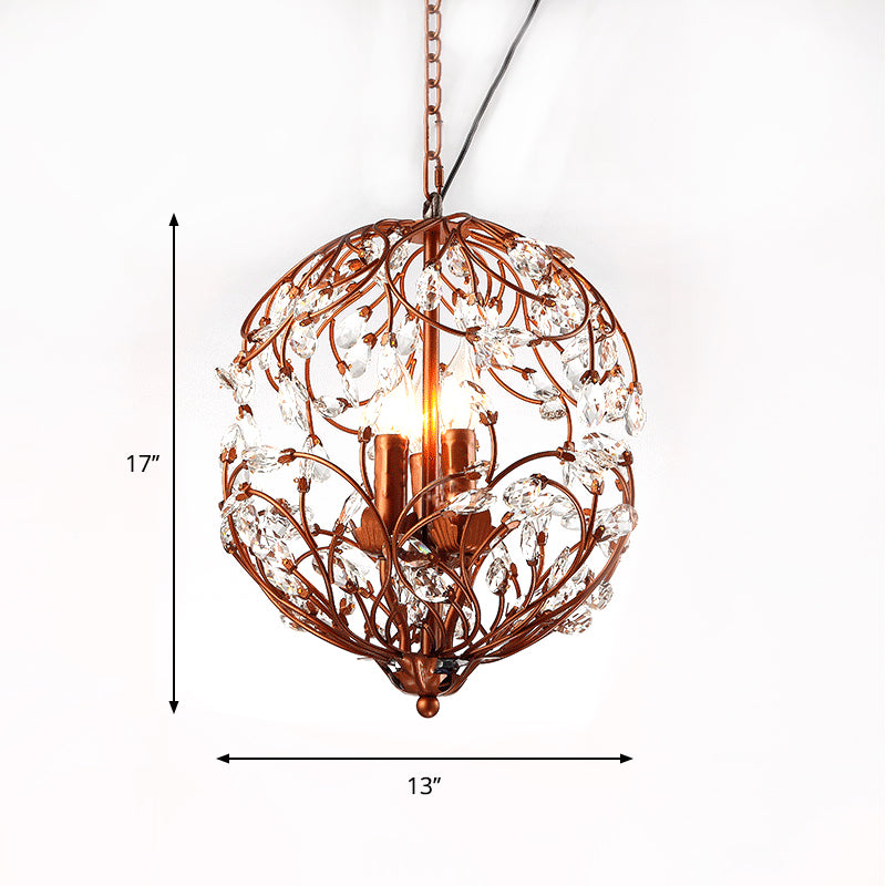 Traditionelle Blumenkugel hängend Kronleuchter 3-Licht Schwarz/Bronze-Eisen-Suspensionslampe mit Kristallakzent