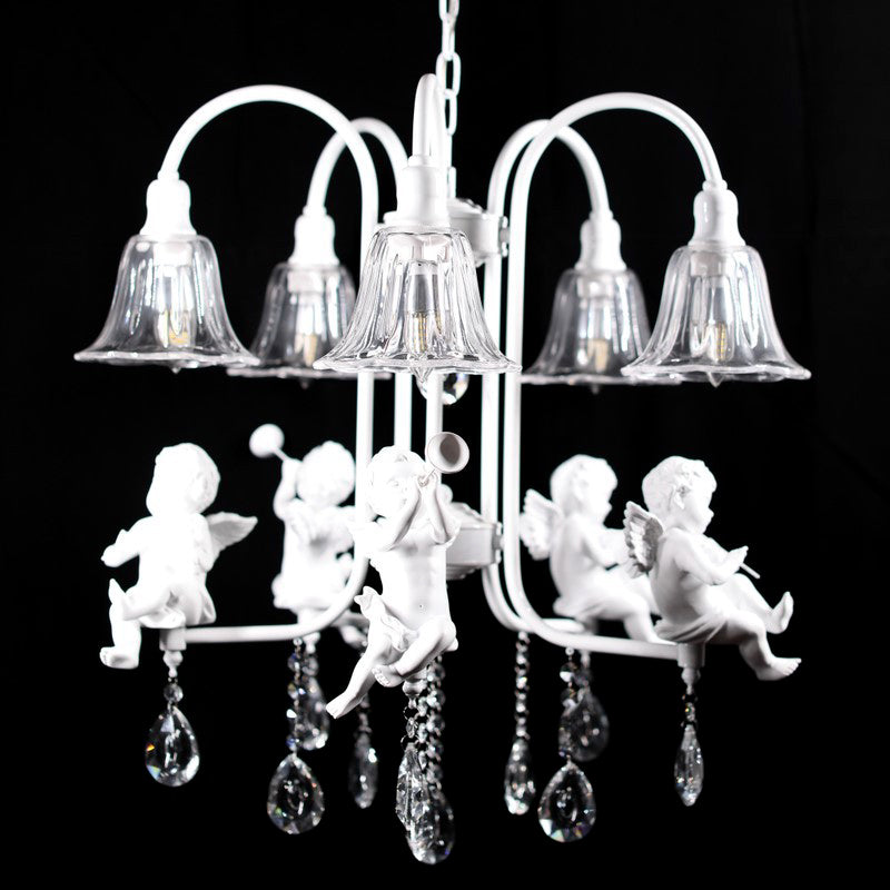 Flared Chandelier Pendant Traditional Plexiglas 5 Lights White Ceiling Light Fixture with Angels and Crystal Drop