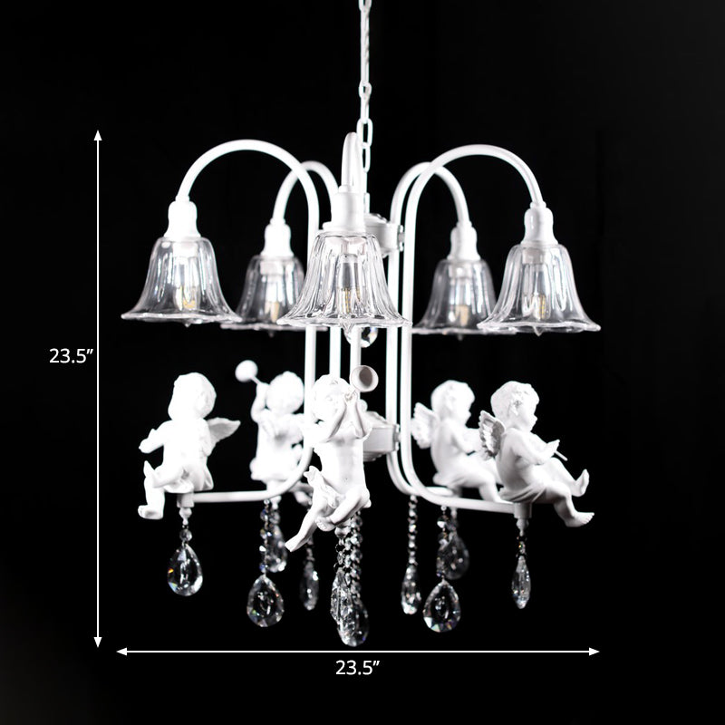 Flared Chandelier Pendant Traditional Plexiglas 5 Lights White Ceiling Light Fixture with Angels and Crystal Drop