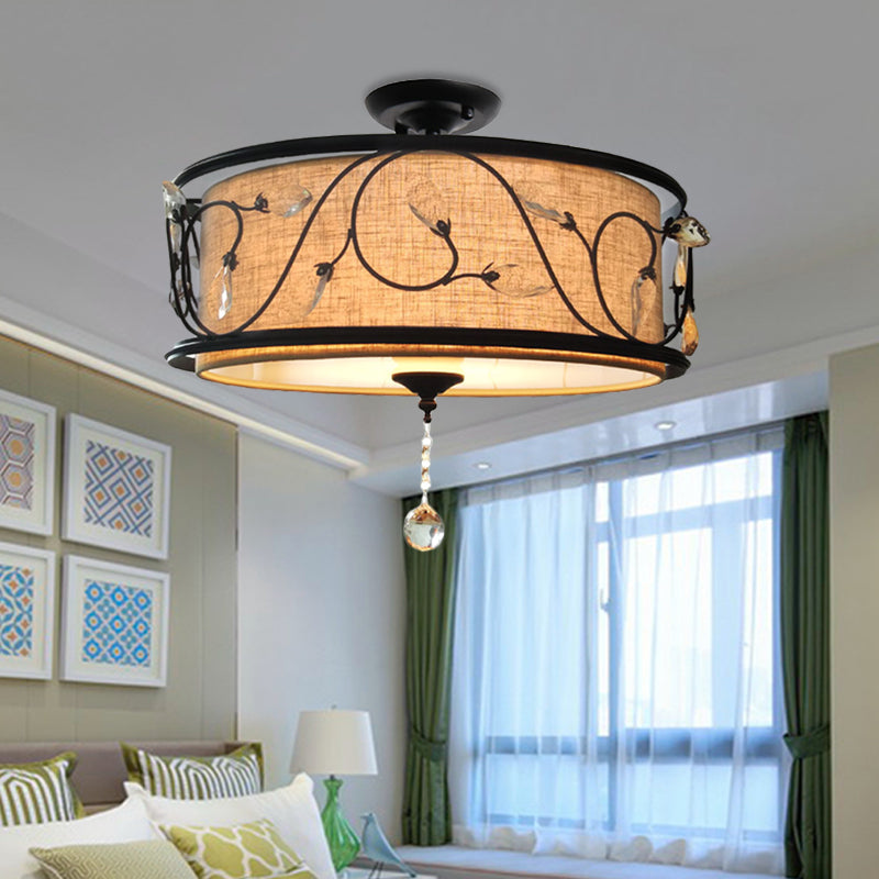 Luz de montaje de semi flush negro de 4 luces 14 "/21.5" Dia Rama rústica Luz de techo de hierro con sombra de tela y drapeado de cristal