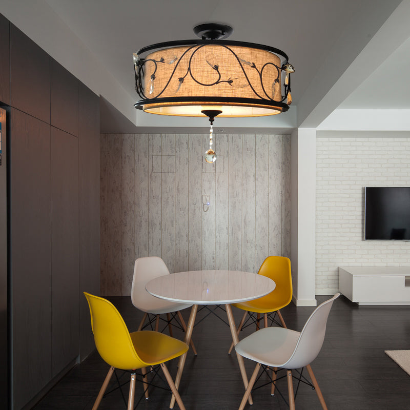 Luz de montaje de semi flush negro de 4 luces 14 "/21.5" Dia Rama rústica Luz de techo de hierro con sombra de tela y drapeado de cristal