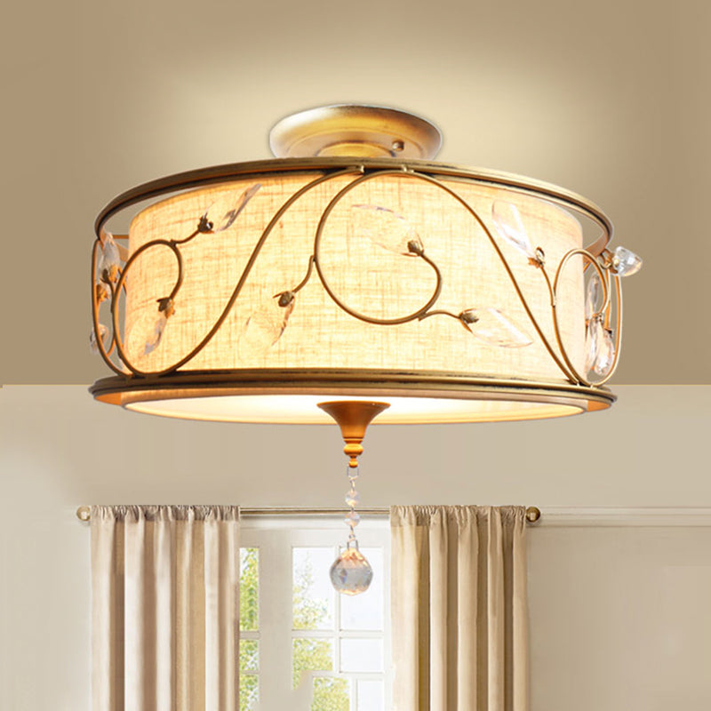 14 "/16" Dia Golden 3-Light Semi Flush Lamp Traditioneel metalen ronde plafondlicht met kristalelement