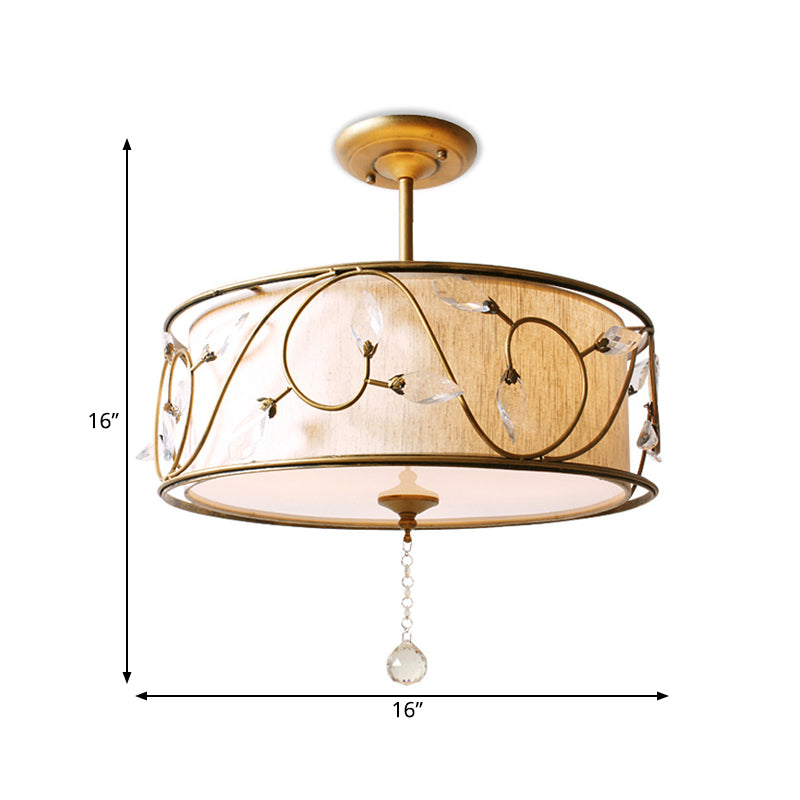 14 "/16" Dia Golden 3-Light Semi Flush Lamp Traditioneel metalen ronde plafondlicht met kristalelement