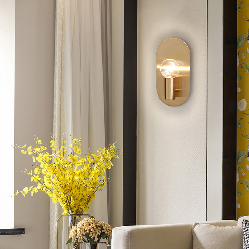 1 Light Bare Bulb Wall Sconce Minimalist Gold Finish Metallic Wall Lamp with Oval Backplate